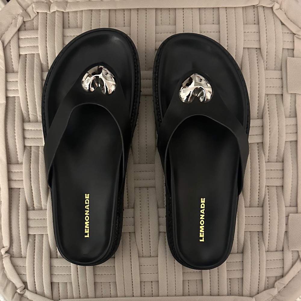 Black Leather Chunky Sandals with Silver Heart Accents 🖤